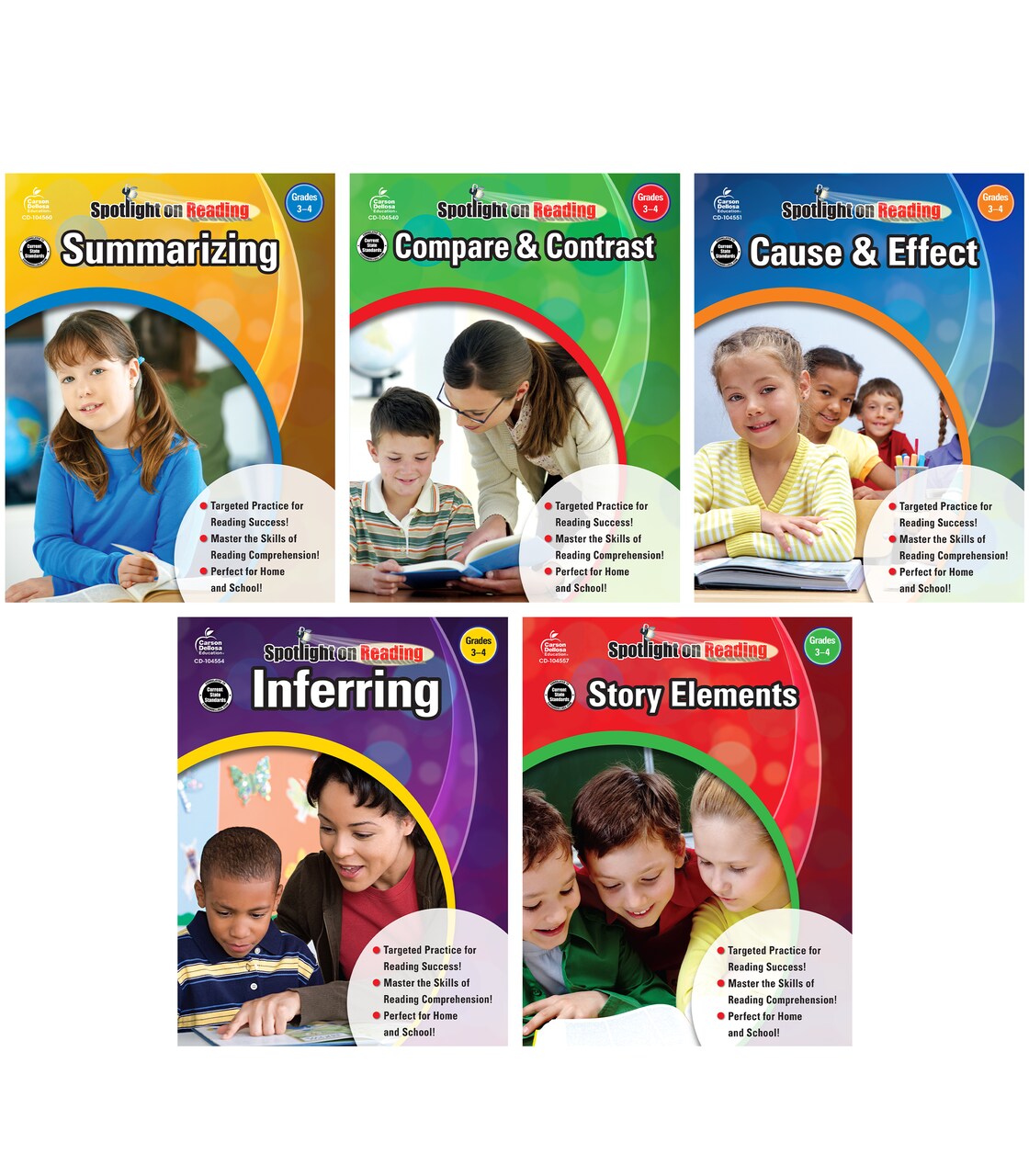 Carson Dellosa Spotlight on Reading 5pc Reading Comprehension 3rd Grade & 4th Grade Workbook Set, 3rd Grade & 4th Grade Reading Comprehension Workbooks, Reading Comprehension Grade 4 & Grade 3